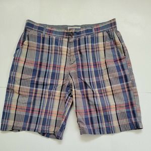 WRK Work Material Co size 36 Blue Tan Red Plaid Cotton Flat Front Short